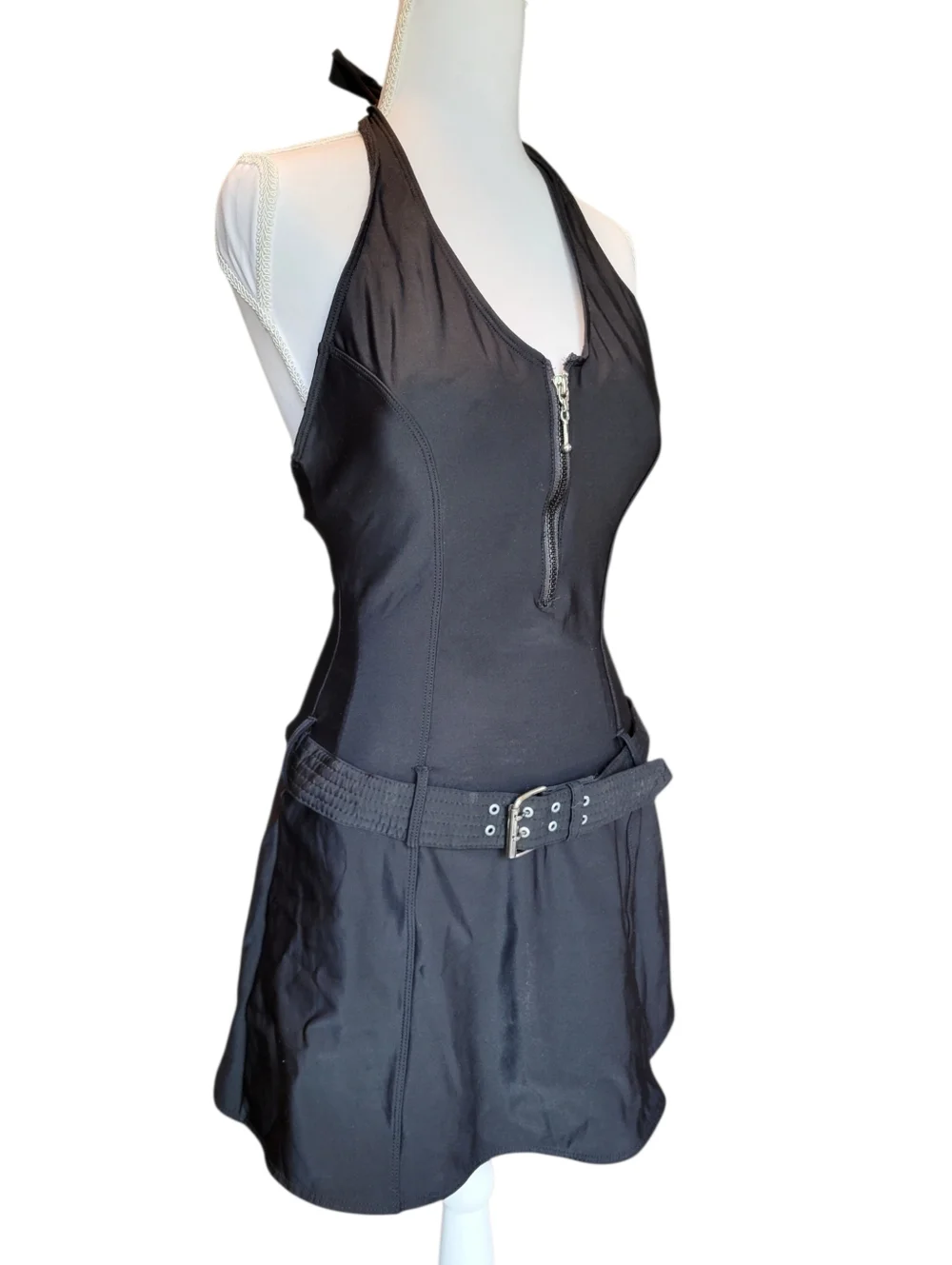 Shape FX Swim Black One Piece Belted Skirted Halter Top Swimsuit